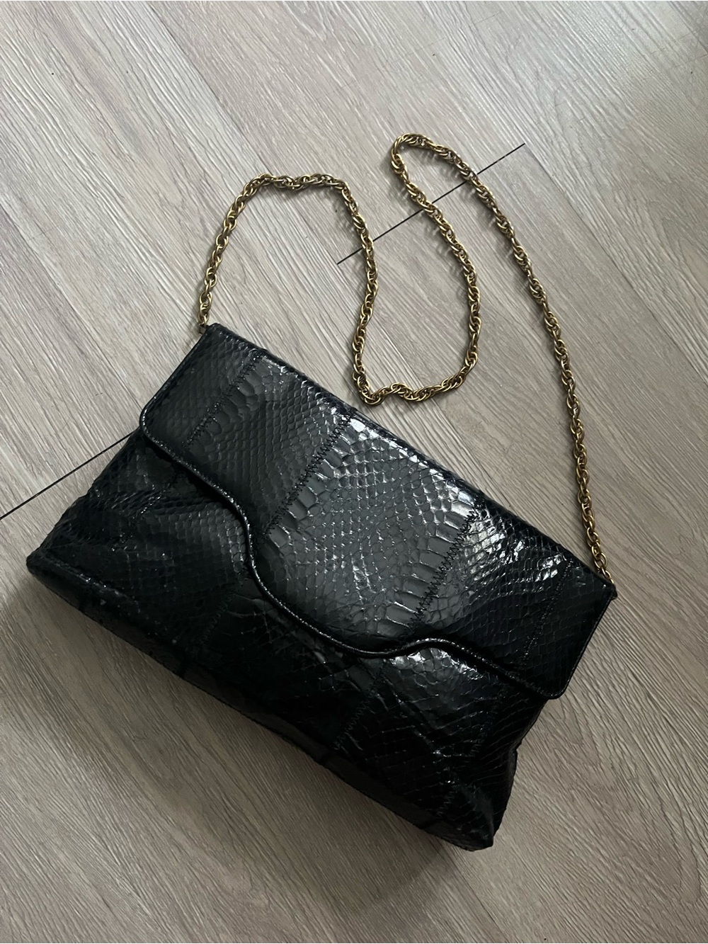 Vintage Black snakeskin clutch with gold chain strap